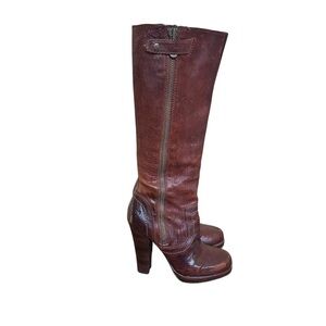 Frye - Donna Snap Tall Heeled Brown Leather Y2K Vintage Riding Boots Sz 7.5